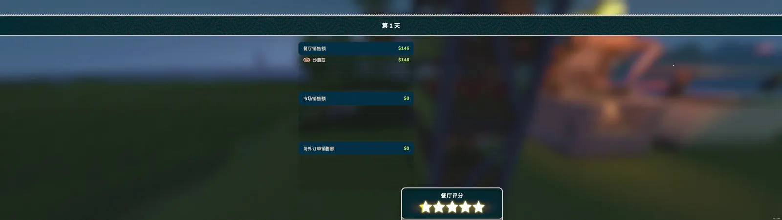 Farm to Table Day 1 results screen showing restaurant sales and a five-star rating.