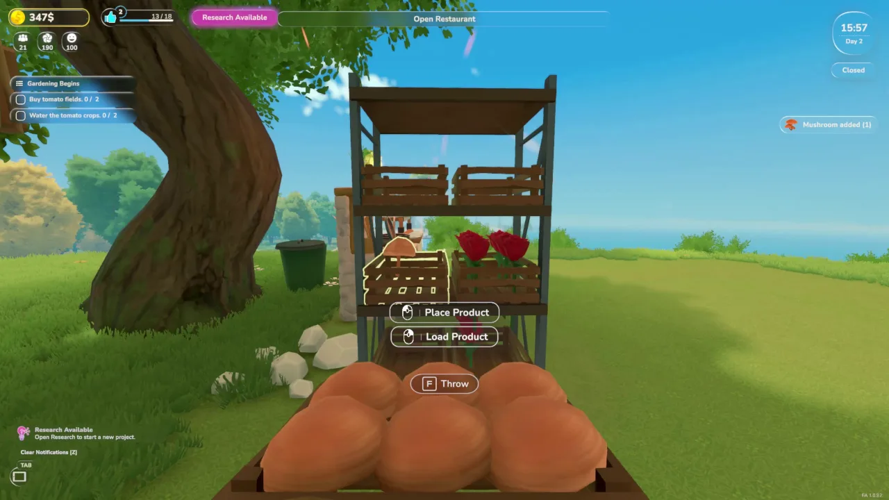 Farm to Table player holding a mushroom crate beside a product shelf with place and load product prompts.