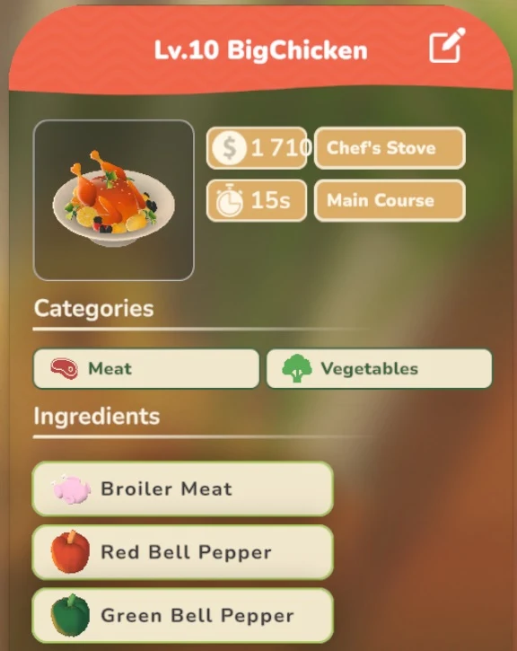 BigChicken game recipe screenshot