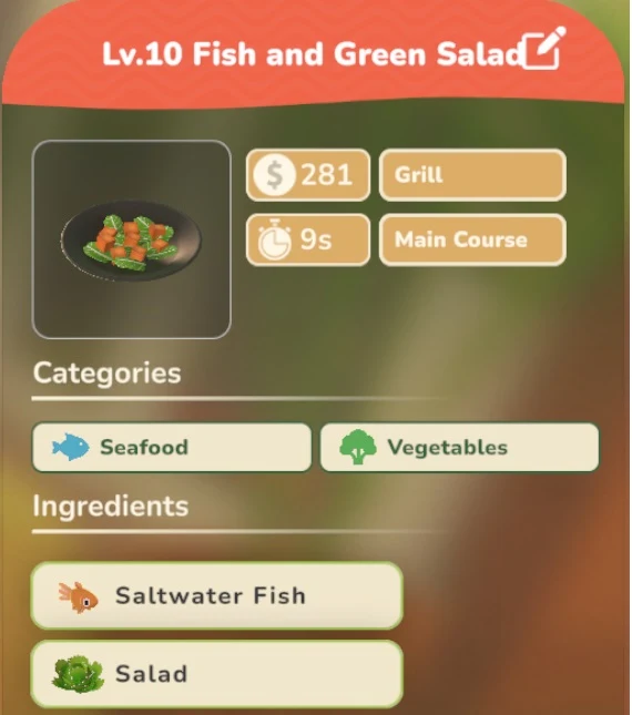 Fish and Green Salad game recipe screenshot