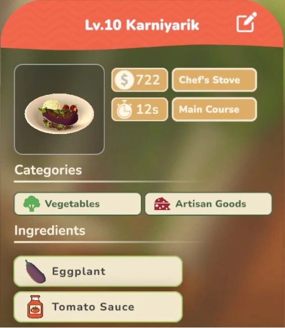 Karniyarik game recipe screenshot
