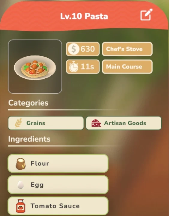Pasta game recipe screenshot