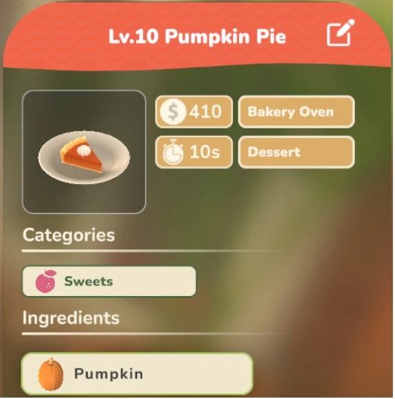 Pumpkin Pie game recipe screenshot