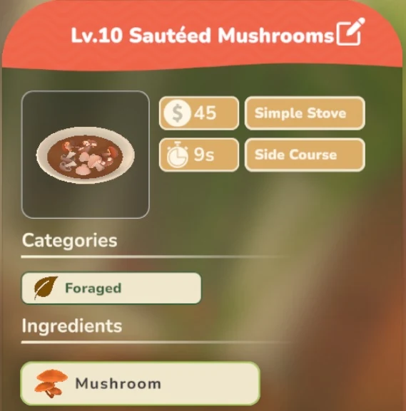 Sautéed Mushrooms game recipe screenshot