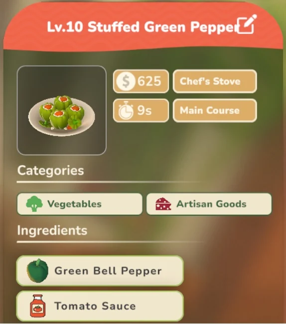 Stuffed Green Pepper game recipe screenshot