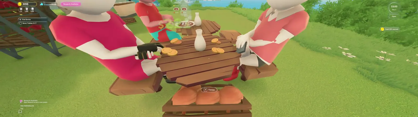 Farm to Table customers seated at a table while coins are earned from a served dish.