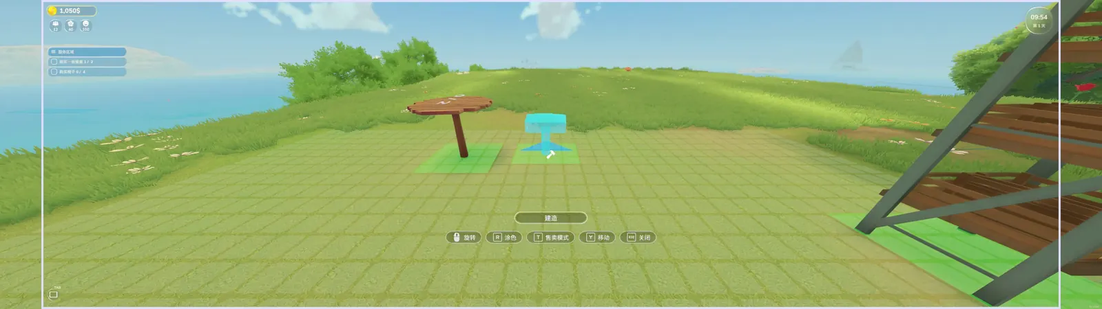 Farm to Table Day 1 build mode with a table and seat being placed on the restaurant grid.