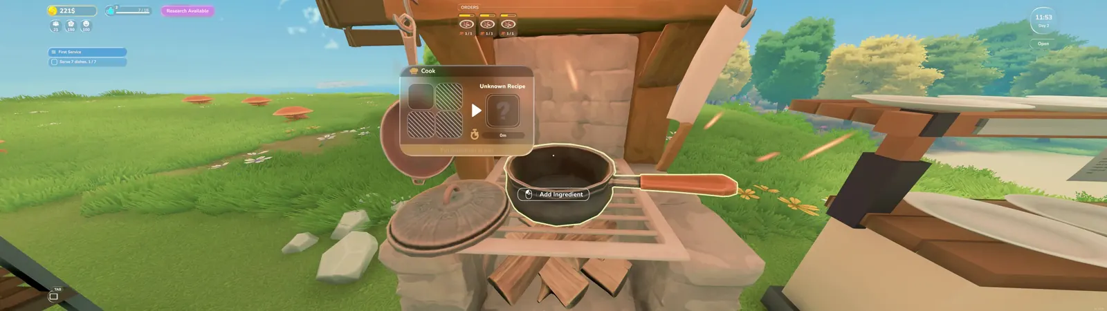Farm to Table cooking UI showing a pot, ingredient slots, and an unknown recipe panel.