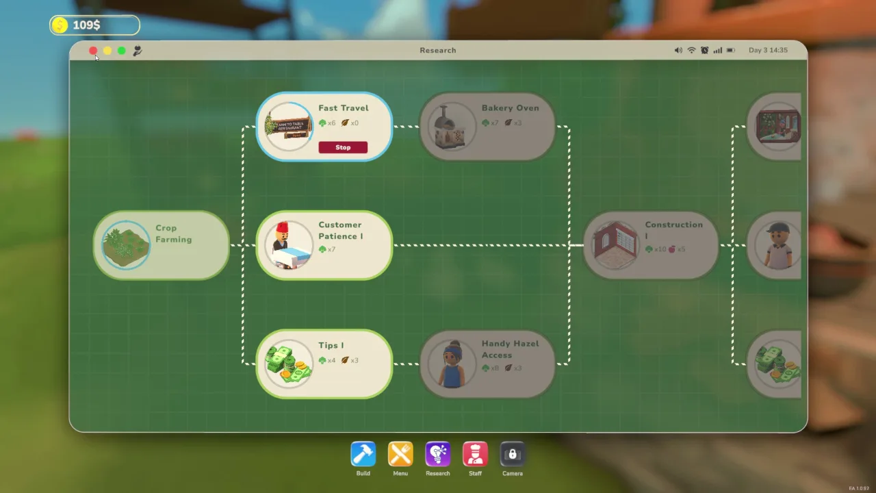 Farm to Table research tree showing Crop Farming, Fast Travel, Customer Patience, Tips, Bakery Oven, and Construction nodes.