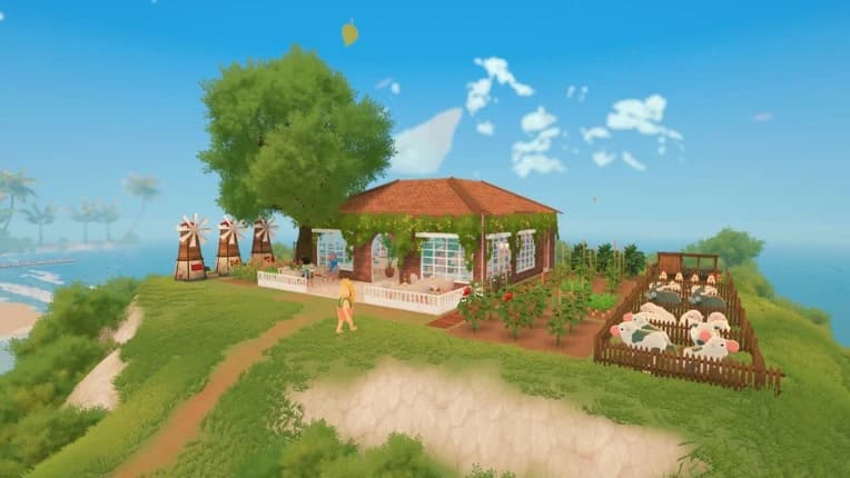 Coastal restaurant and farm with windmills, crops and livestock pens.