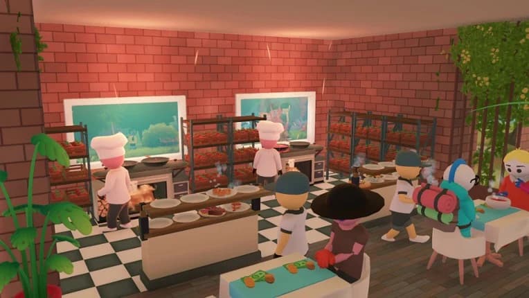 Chefs working at kitchen stations while waiters and guests move through the restaurant.