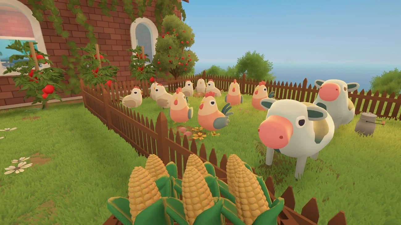 Chickens and cows in livestock pens beside mature corn crops.