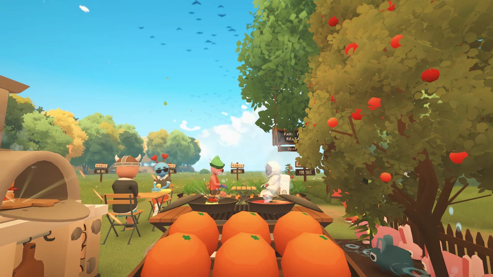 Outdoor restaurant service with cooking stations, customers and a tray of tomatoes; game screenshot supplied in the gameplay reference.